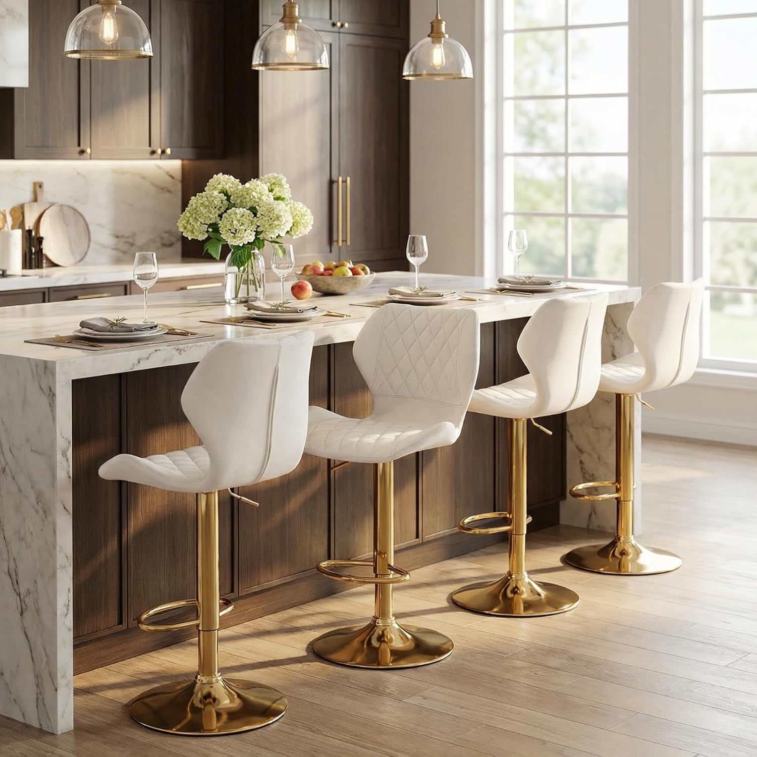 CIMOTA Velvet White Bar Stools Set of 2 Swivel Barstools Counter Height Bar Chairs with Back/Gold Base Modern Adjustable Stool Chair for Kitchen Island/Dining Room, (23.6 to 31.5 Inch/Cream White)