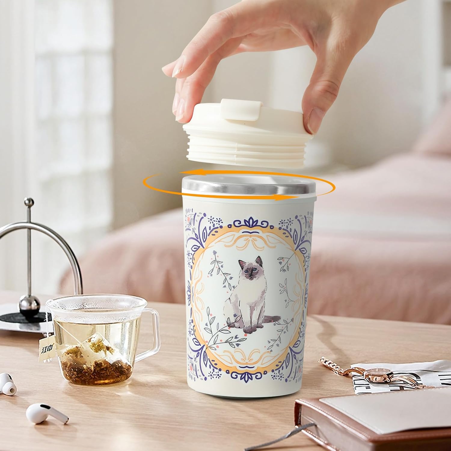 350ml/12oz coffee tumbler with ceramic coating,non-slip insulated coffee mug with sucker base,One-click lid opening travel mug (BEE)