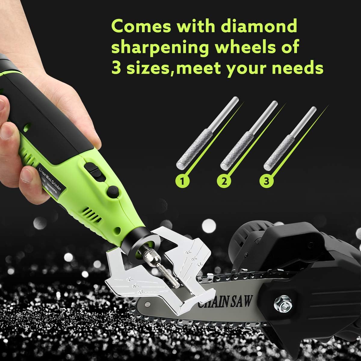 Seesii Cordless Chainsaw Sharpener Kit, Handheld Portable 55W Power Chain Saw Sharpen Tool Set, Battery Powered Electric Blade Sharpening File Comes with 9pcs Sharpening Wheels, Angle Attachment : Patio, Lawn & Garden