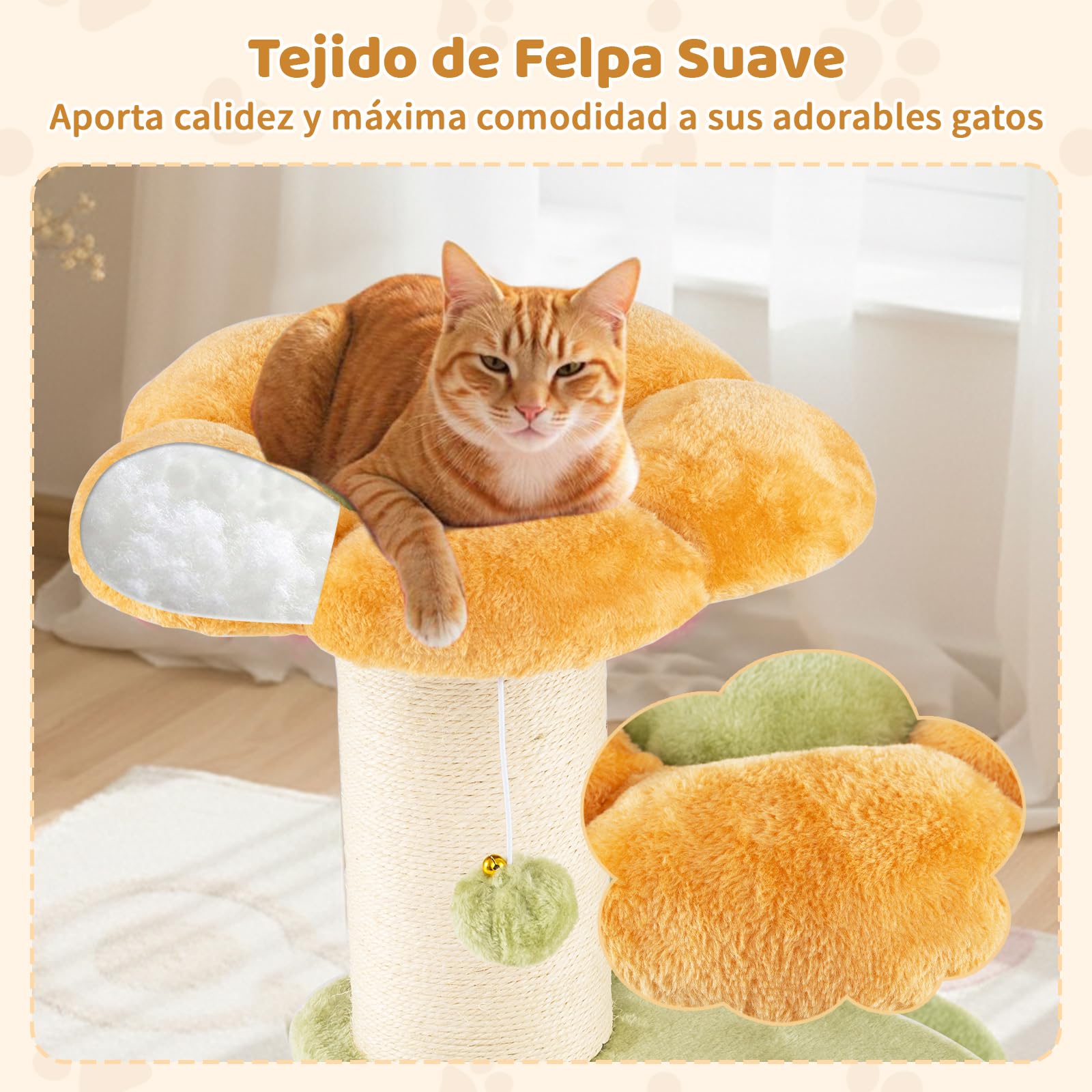 COSTWAY Árbol Rascador para Gatos 60cm, Diseño Flores, Torre Pequeña para Gatitos con Cama Acolchada de Tela Plush, Poste Rascador de Sisal, Bola Colgante, Árbol Pequño para Gatos, Interior (Amarillo)