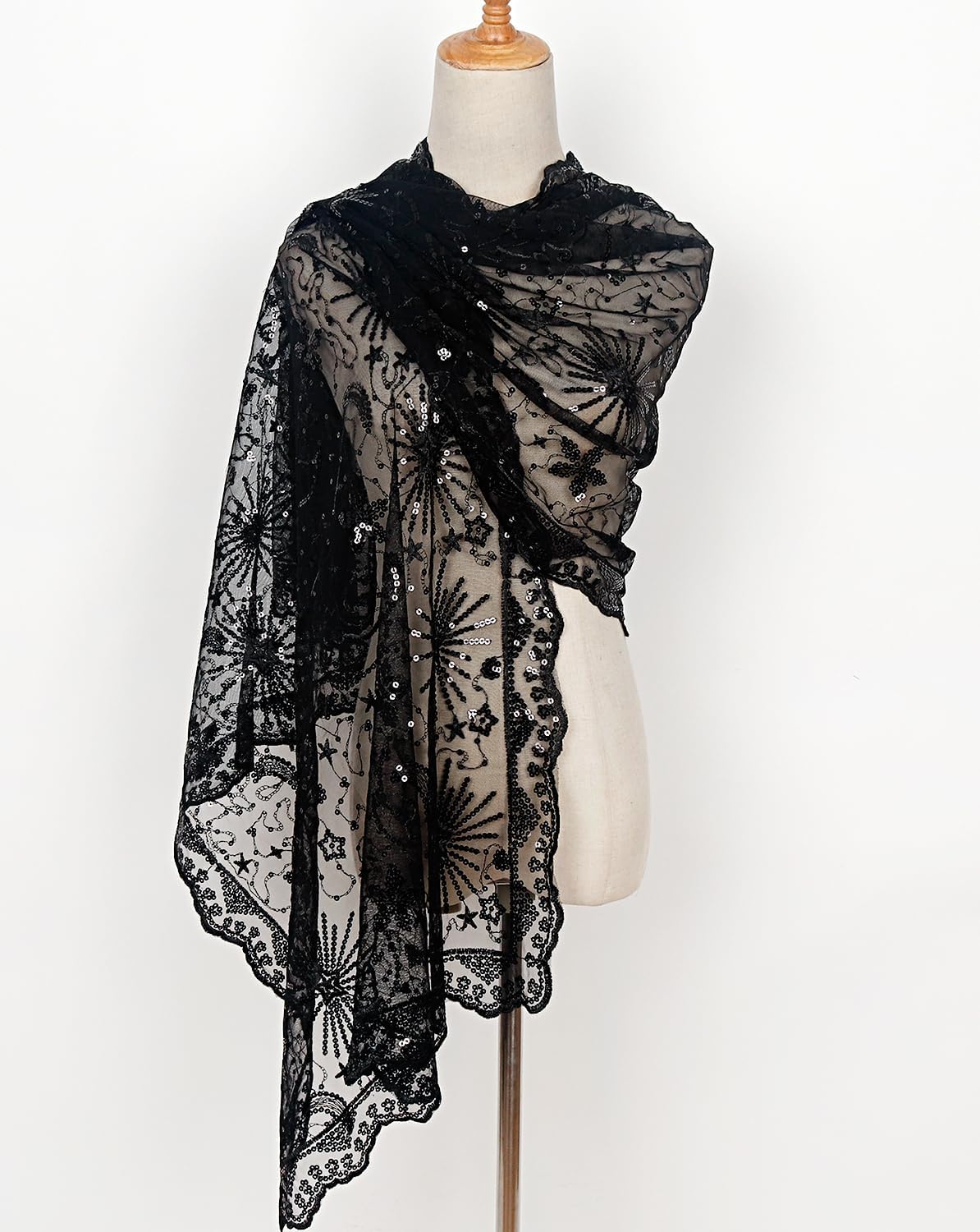 L'VOW Women's Glittering 1920s Scarf Mesh Sequin Wedding Cape Fringed Evening Shawl Wrap - Image 3