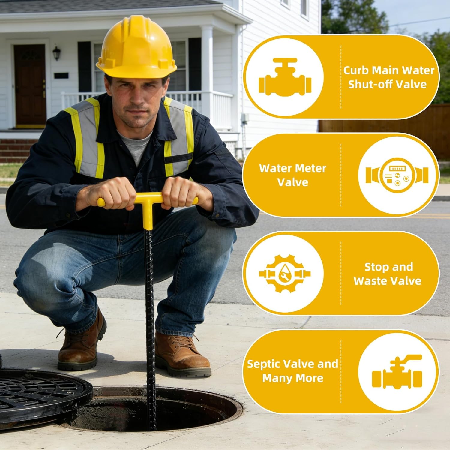 3rd Gen 17 Inches Water Meter Key with 4-Way Utility Key - Reinforced Rebar Steel T-Handle & U-Head Water Shut Off Tool for Underground Curb, Stop/Waste Valves & Water Meters
