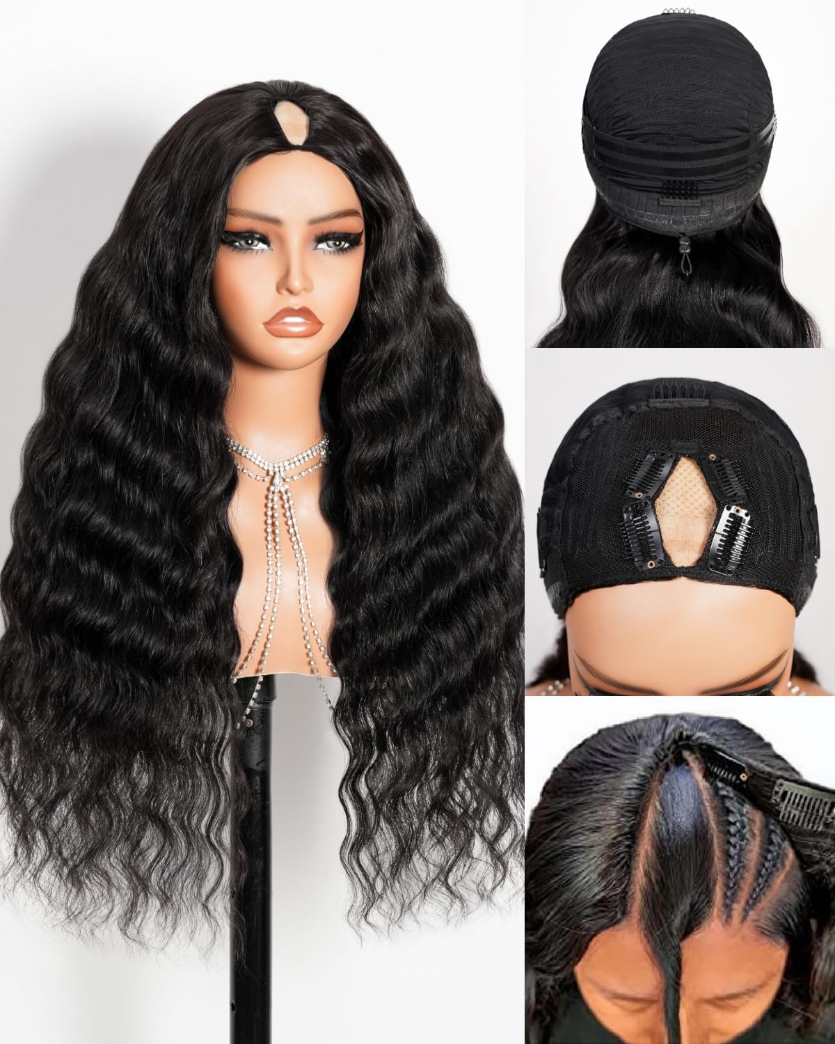 Megalook hair V Part Wig Human Hair Loose Deep Wave with Drawstring for Black Women No Leave Out No Sew In Glueless Curly U Part Human Hair Wig 18