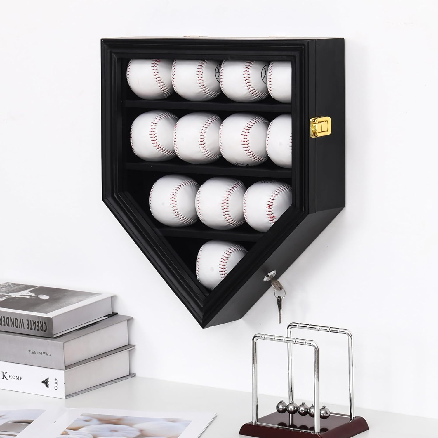 Baseball Display Case, 12 Solid Wood Baseball Display Holder, Large Capacity and Double Lock Wall Mount Baseball Shadow Box Display Rack with Anti Fade Acrylic Glass Door (Black-S)