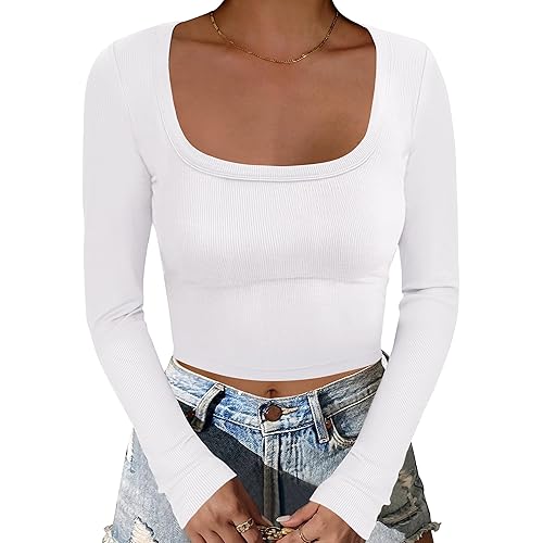 ANRABESS Women's Long Sleeve Square Neck Crop Top Ribbed Slim Fitted Basic Tee Layer Y2K Shirts Fall Fashion Outfits 2025