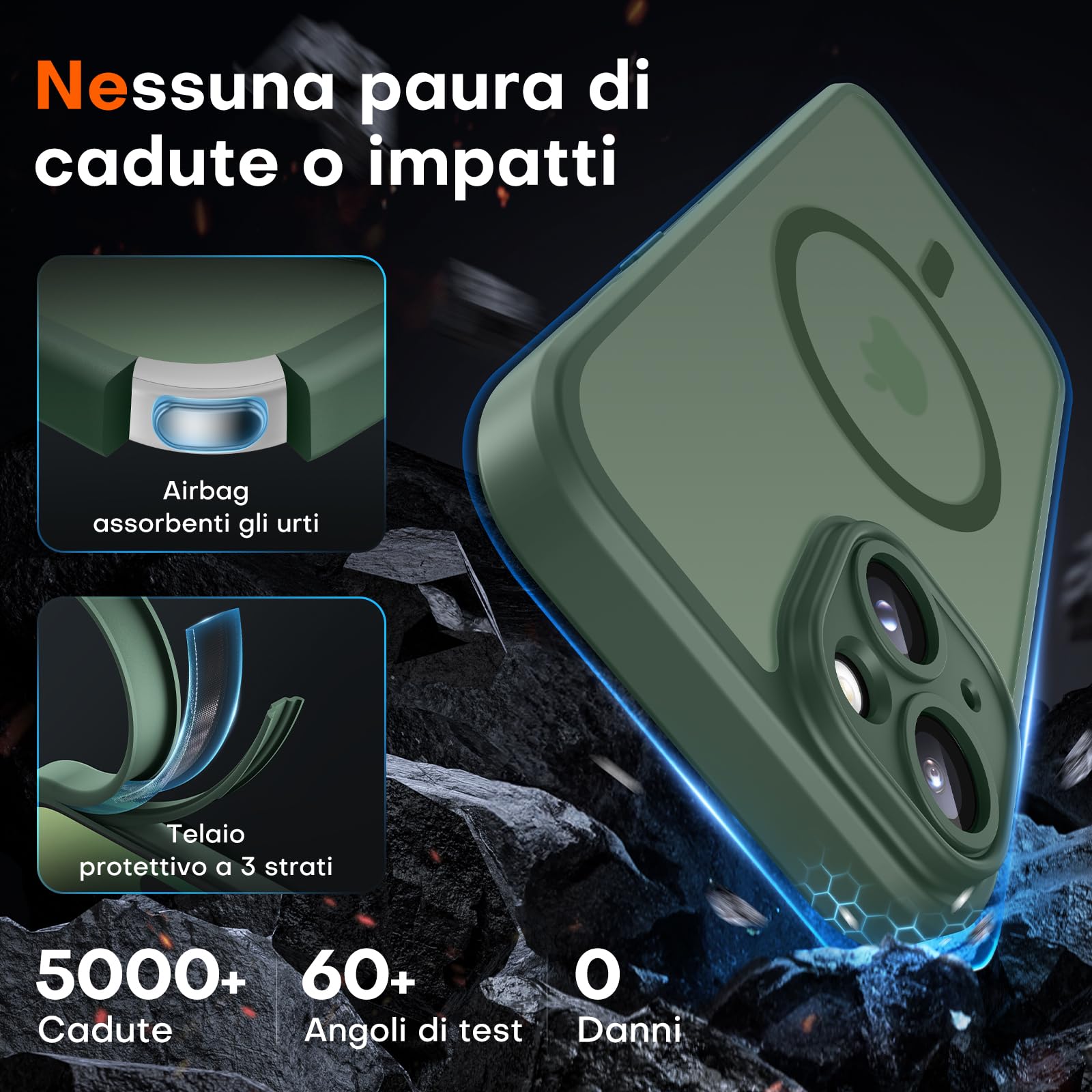 TOCOL Cover Magnetica per iPhone 14 6,1 Pollic, Compatibile con MagSafe, Protezione Fotocamera Integrata, Custodia Antiurto Traslucida Opaca, Verde Alpino