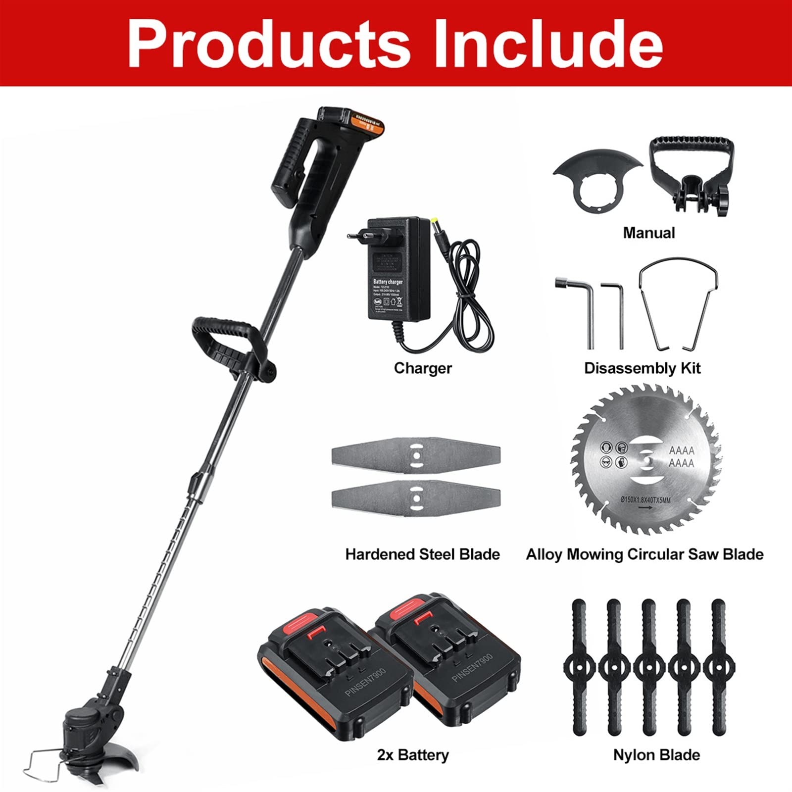 Cortacésped eléctrico inalámbrico de 24V y 1000W, Kit de cortacésped inalámbrico de 10000RPM con 2 baterías de iones de litio, mango ajustable, herramientas de jardín