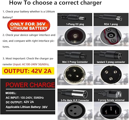 Miniatura 2 de Cargador de batería de litio de 36V, cargador de 42V 2A para patinete eléctrico, hoverboard, ebike, compatible con Gotrax, Jetson, Ninebot, Volpam,