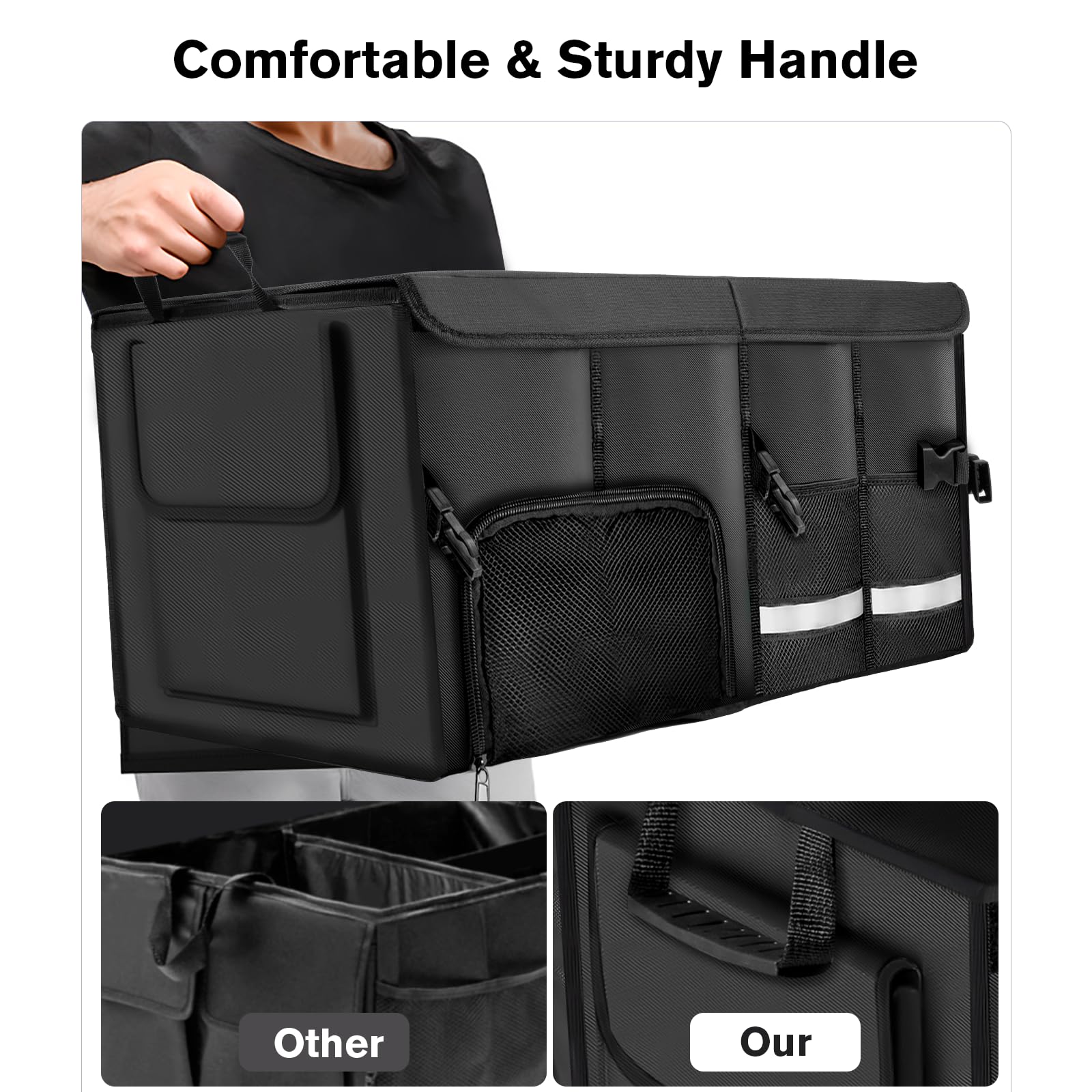Carehabi Organizer per bagagliaio, 72 l, con coperchio, XXL, pieghevole, con scomparti e tasche, per bagagliaio, misura regolabile, accessorio per il campeggio, picnic