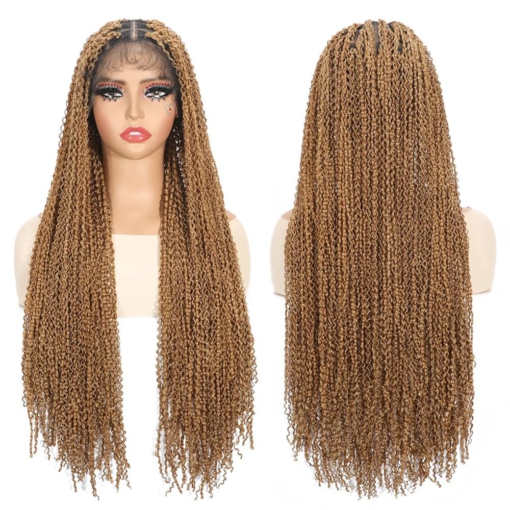 Pelucas trenzadas boho sin nudos, peluca trenzada sintética larga con frente de encaje HD de 13x4 '' for mujeres(Brown,20 inch)