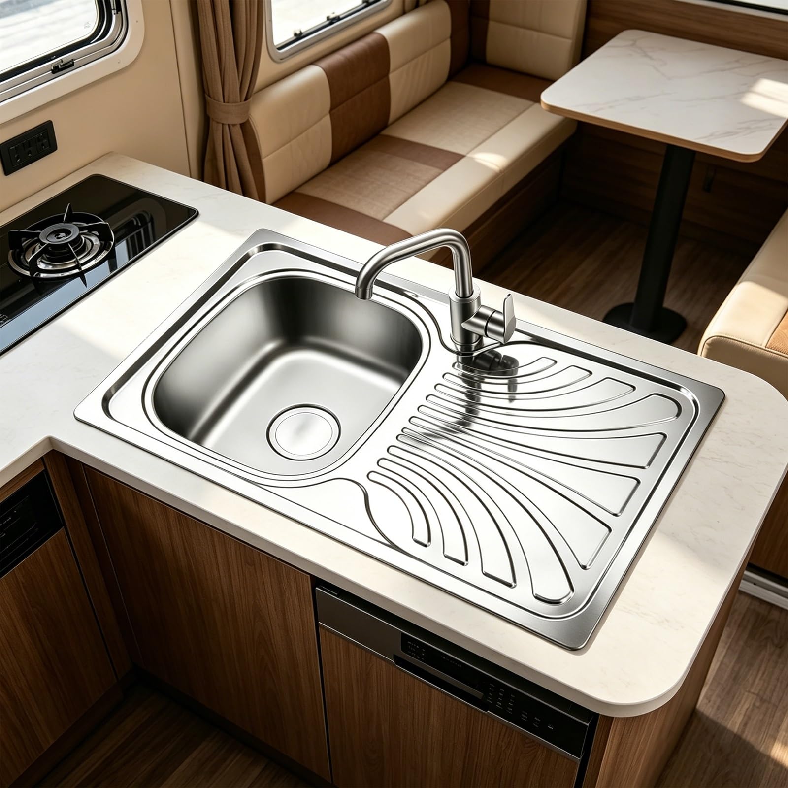 Fregadero Camper, Fregadero de Cocina con Grifo, Escurridor, Acero Inoxidable 304, Conjunto de Desagüe, para Caravana, Autocaravana o Bar de Barco
