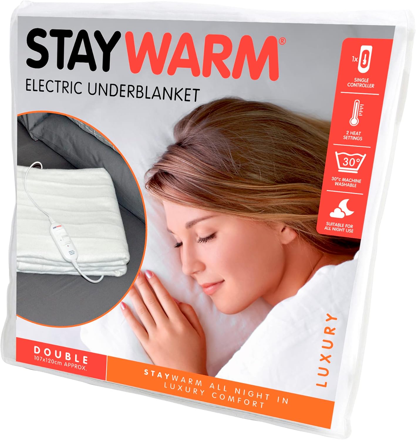 STAYWARM® Double Measurement Luxurious High quality Electrical Underblanket with Removable Controller / 2 Warmth Settings/Removable Wire/Machine Washable/Secure All Evening Use – 70w – 120 x 107cm – F902 – White