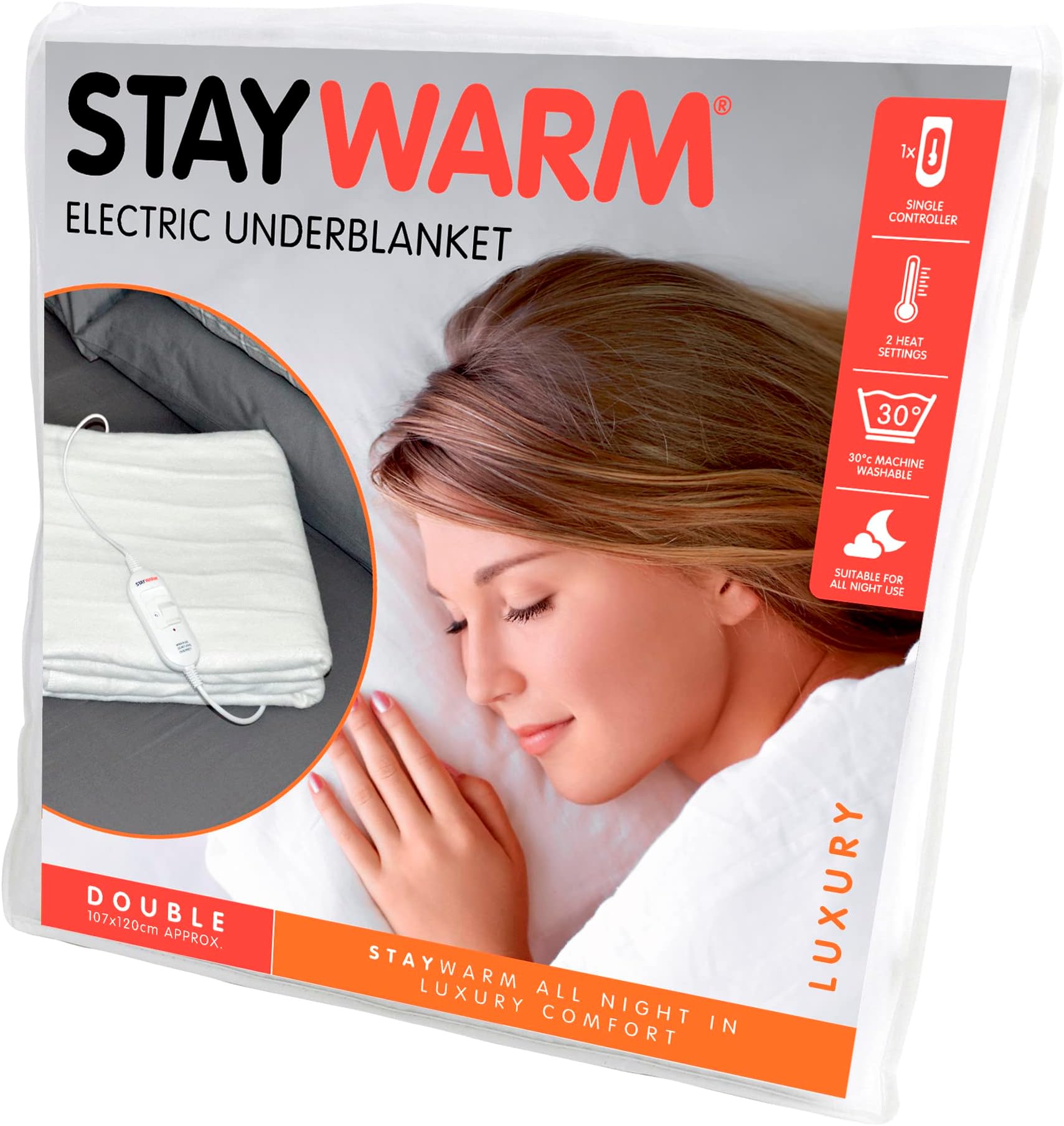 STAYWARM® Double Size Luxury Quality Electric Underblanket with Detachable Controller / 2 Heat Settings / Detachable Cord / Machine Washable / Safe All Night Use - 70w - 120 x 107cm - F902 - White