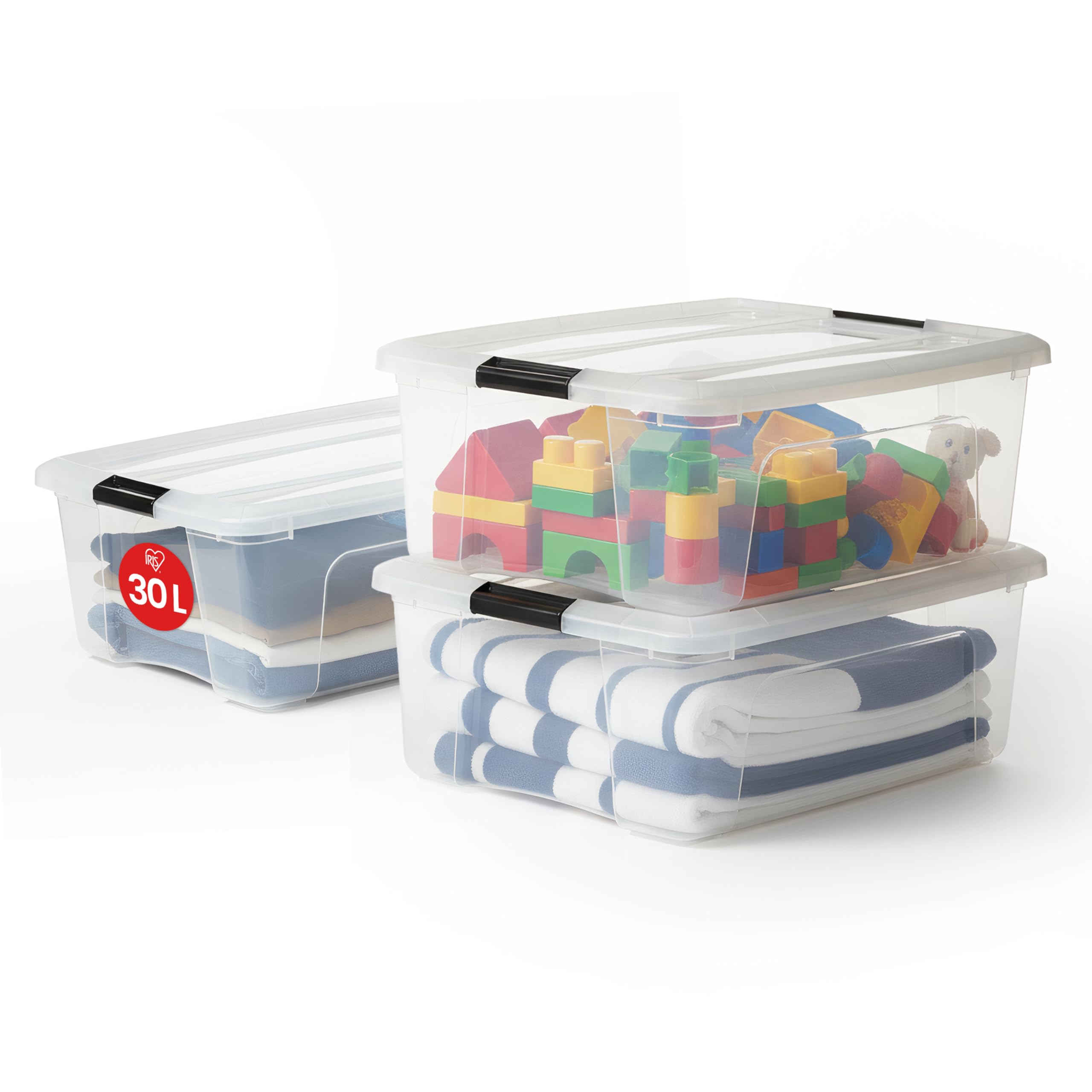 Iris Ohyama Aufbewahrungsboxen mit Deckel, 30L, 3er-Set, Transparent, Sicherer Verschluss, Stapelbar, Griffe, Schlafzimmer, Schrank, Büro, Organisation, BPA-freies Plastik, Ordnungsboxen, NTB-30