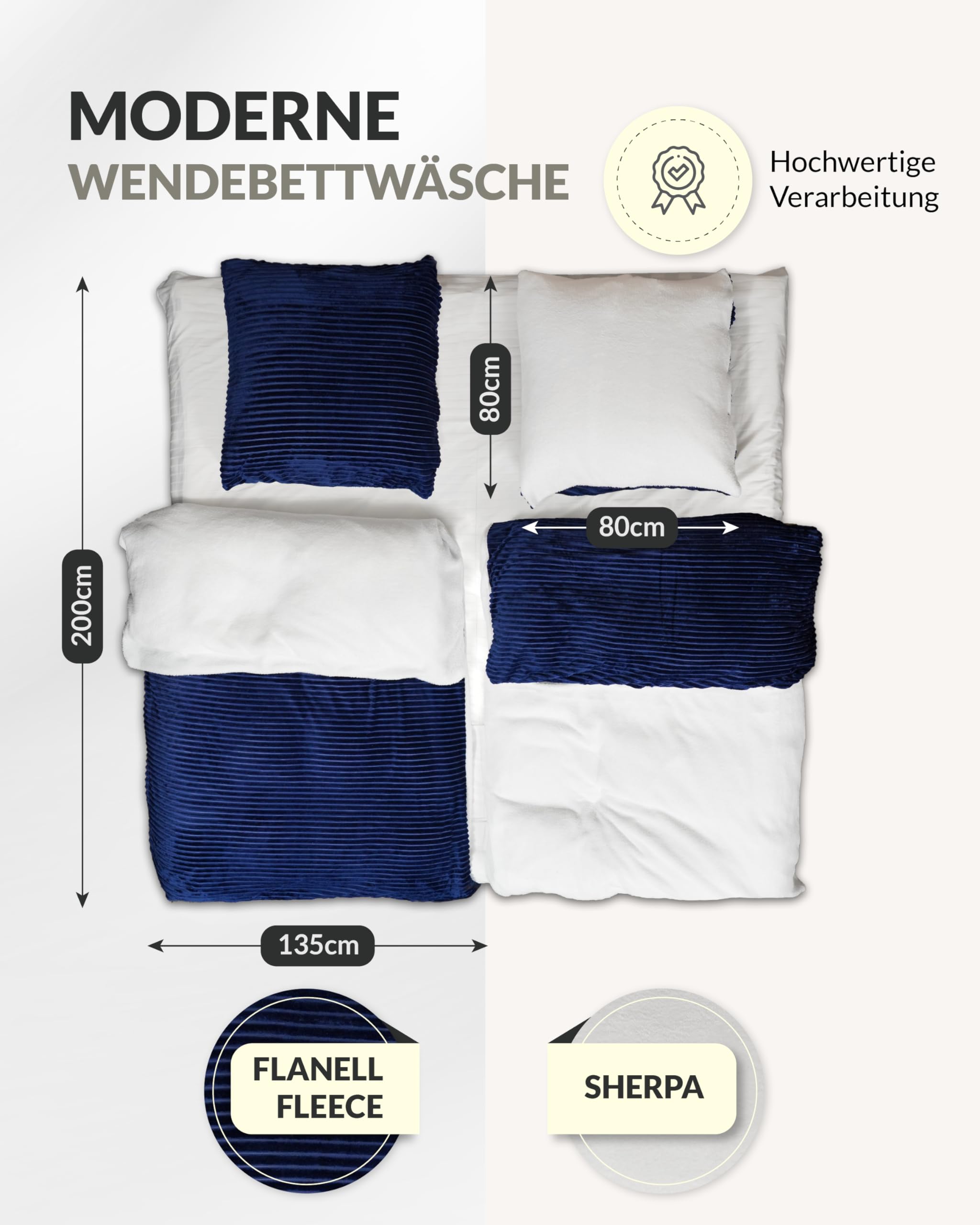 Flauschige Plüsch Bettwäsche Navy Blue weiß Bettwäsche 135x200, Kissenbezug 80x80 Winterbettwäsche, Kinderbettwäsche, Fellbettwäsche kuschelig warm, Flanell, kuschelweich, bügelfrei