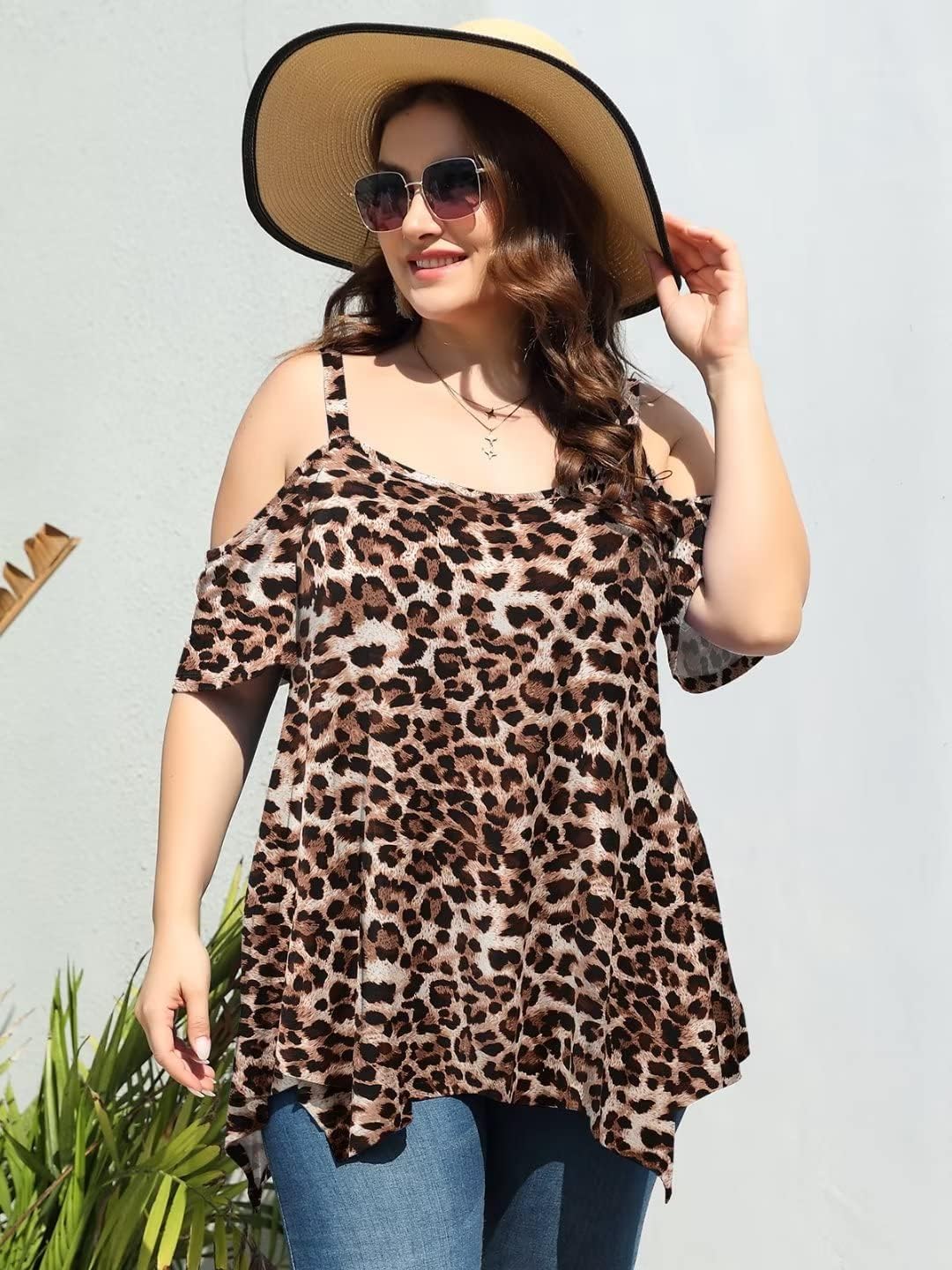 LARACE Cold Shoulder Tops for Womens Summer Clothes Spaghetti Strape Tunic Oversized Shirts Asymmetrical Plus Size Blouse - Image 2