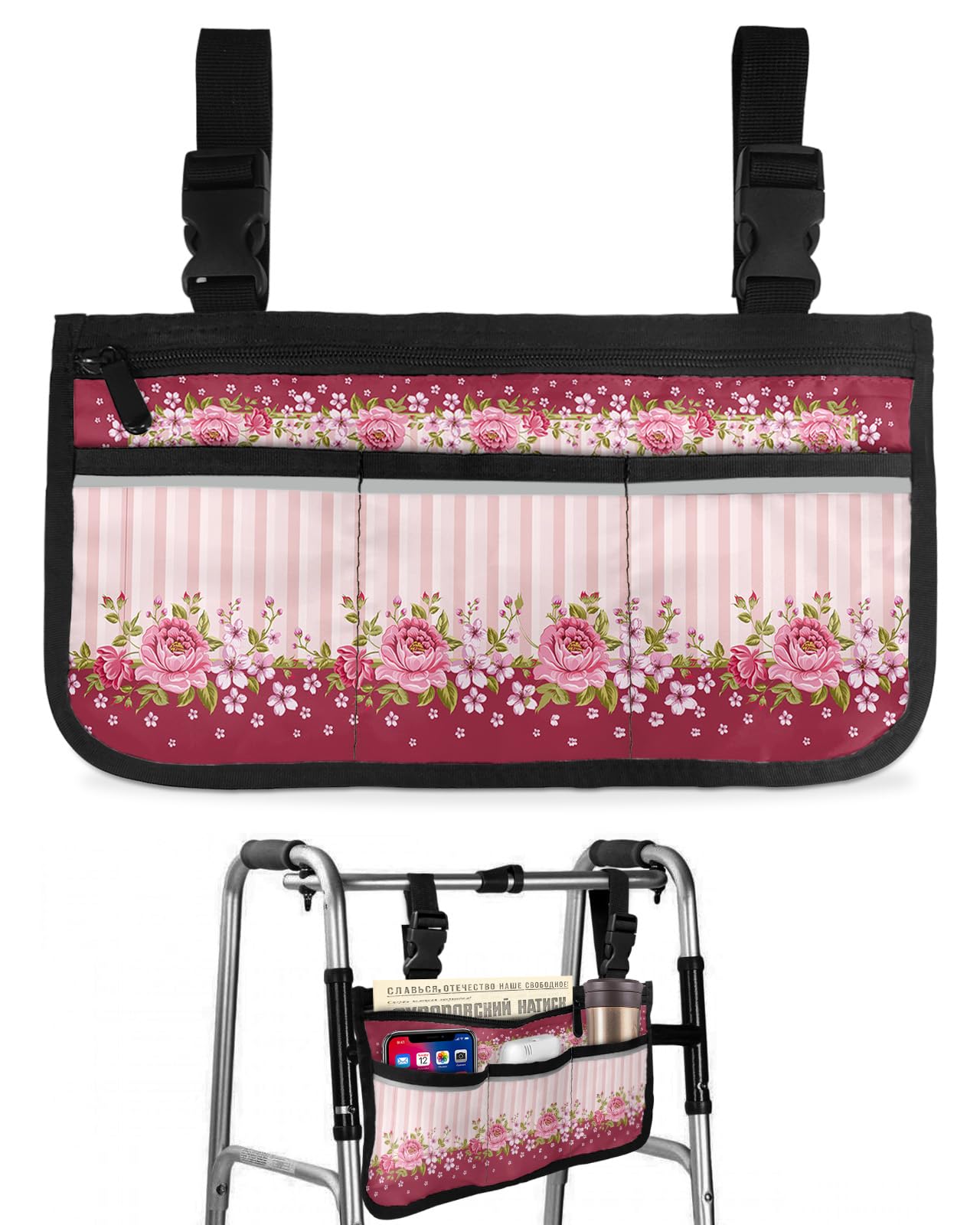 Mother's Day Wheelchair Side Bag Walker Bag, Spring Floral Pink Striped Wheelchair Accessories Armrest Pouch, Organizer Storage Bag for Walkers, Rollators, Scooters, 7.3''x13''