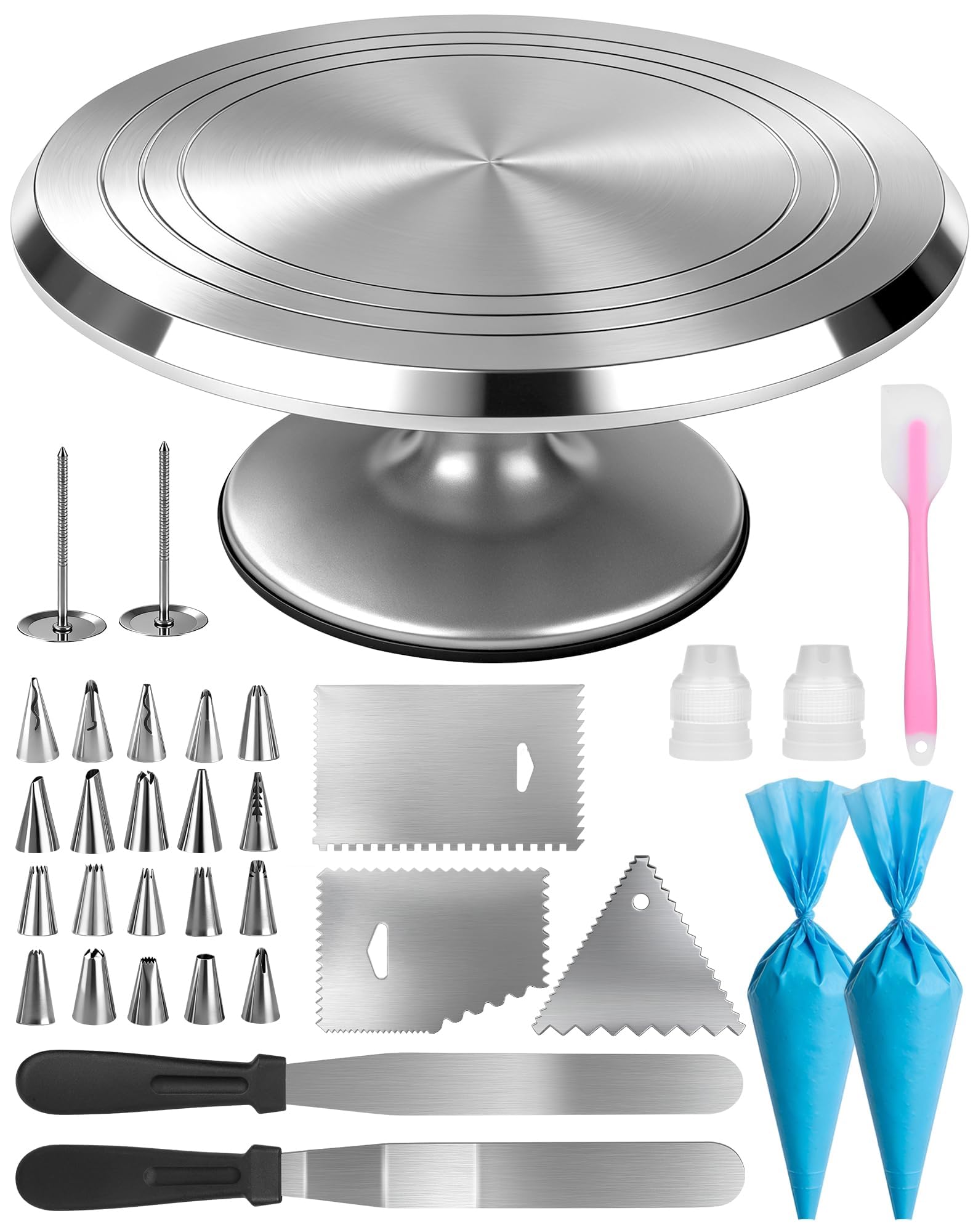 Tortenplatte Drehbar 30cm aus Alu Tortendrehteller mit 360° Rotation Tortenzubehör Set mit Spritztüllen Kuchendeko Set Cake Tools Tortendrehscheibe Kuchen Drehteller Drehbare Tortenplatte zum Deko