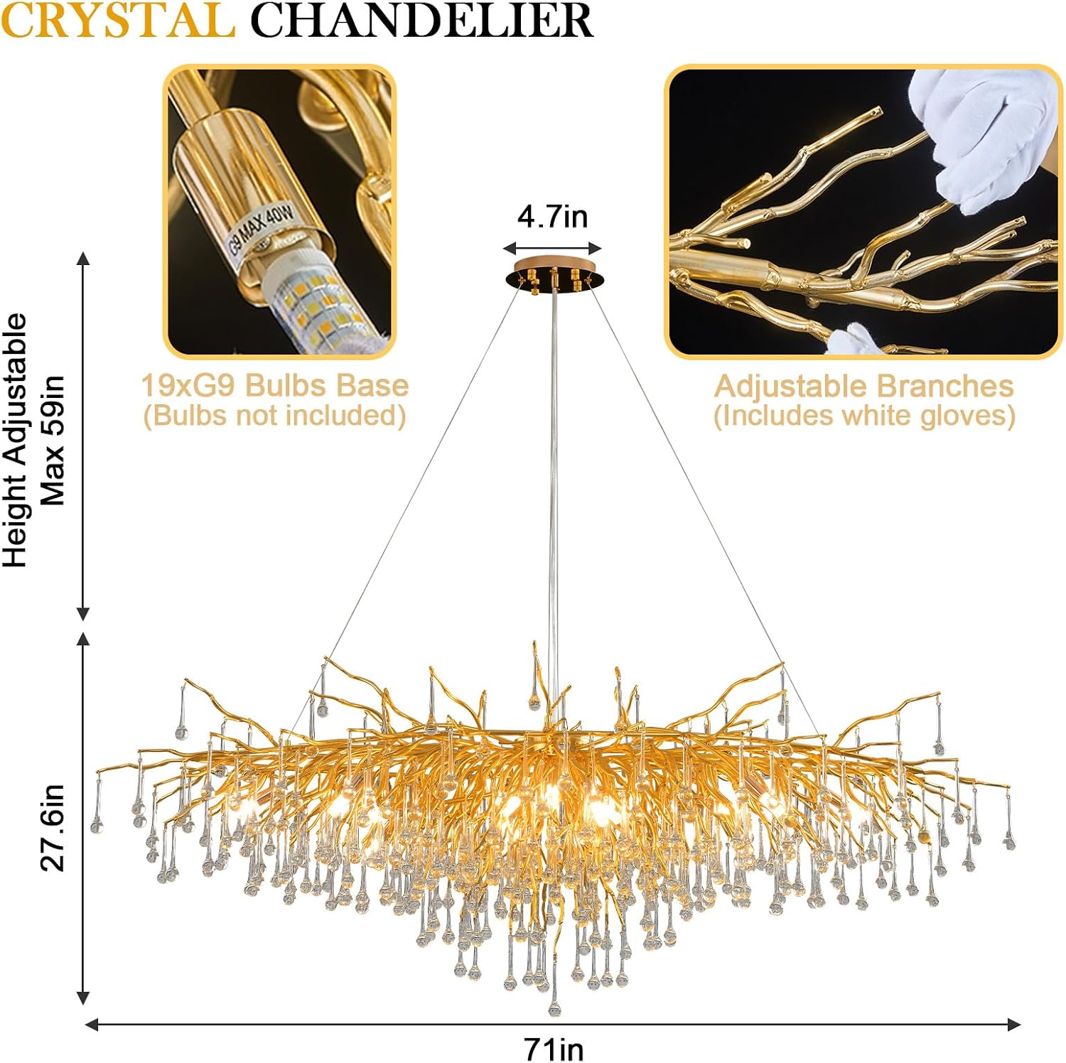 Large Chandeliers for Dining Room, L70 Luxury Tree Branch Chandelier Light Fixtures Large Raindrop Chandelier for High Ceiling Living Room Bedroom Entryway,19-Lights