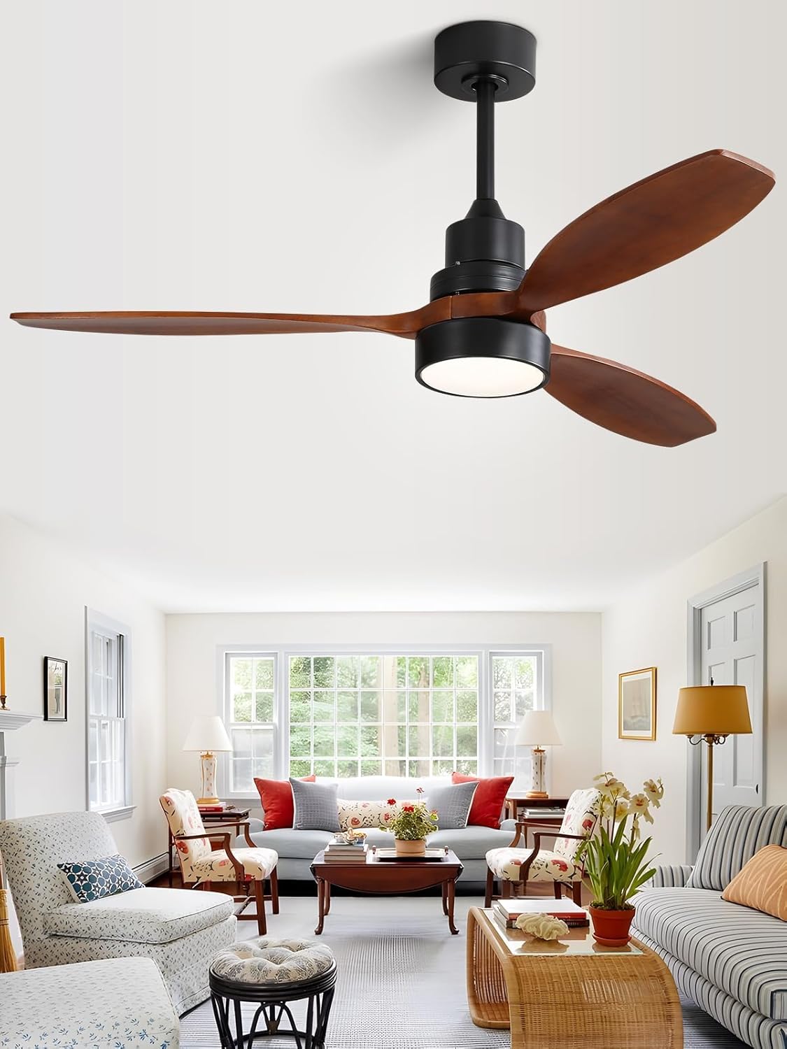 Sofucor Ceiling Fan with Lights and Remote, 52 inch Modern LED Ceiling Fan with 3 Wood Blades and 3 Black Downrods, for Indoor Bedroom Living Room Outdoor Patio Porch, Reversible, Quiet and Powerful