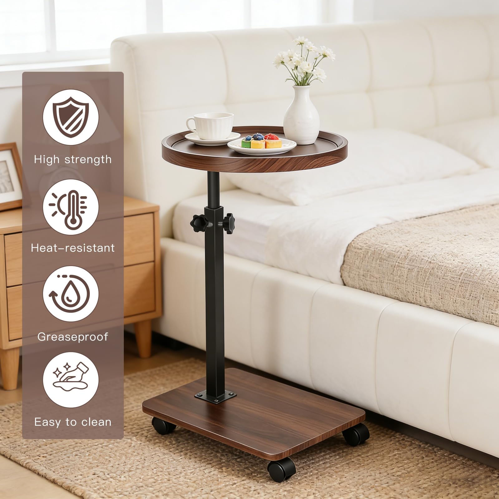 Mesa Auxiliar con Ruedas en Forma de C – Altura Regulable 45-80 cm y Girable 360° – Mesita para Sofá y Cama – Ideal para Salón, Dormitorio y Balcón