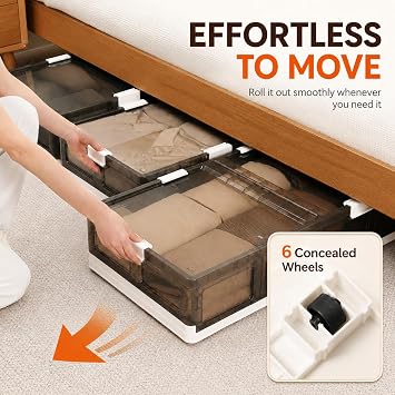 2-Pack Under Bed Storage Containers with Wheels - Stackable, Foldable Plastic Storage Boxes with Lids for Clothes, Shoes, Blankets - Perfect for Bedroom Organization and Dorms