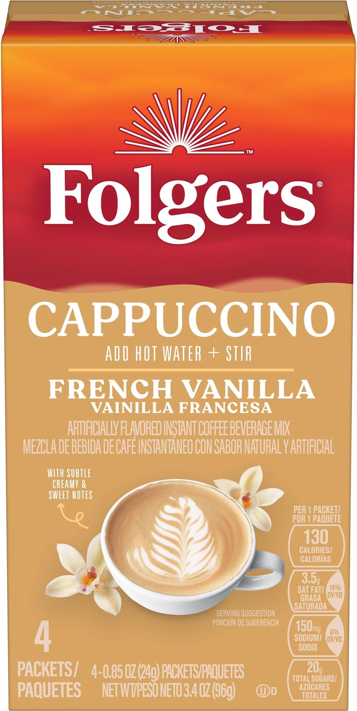 Folgers French Vanilla Flavored Cappuccino Mix Packets, Instant Coffee Beverage, 4 Count