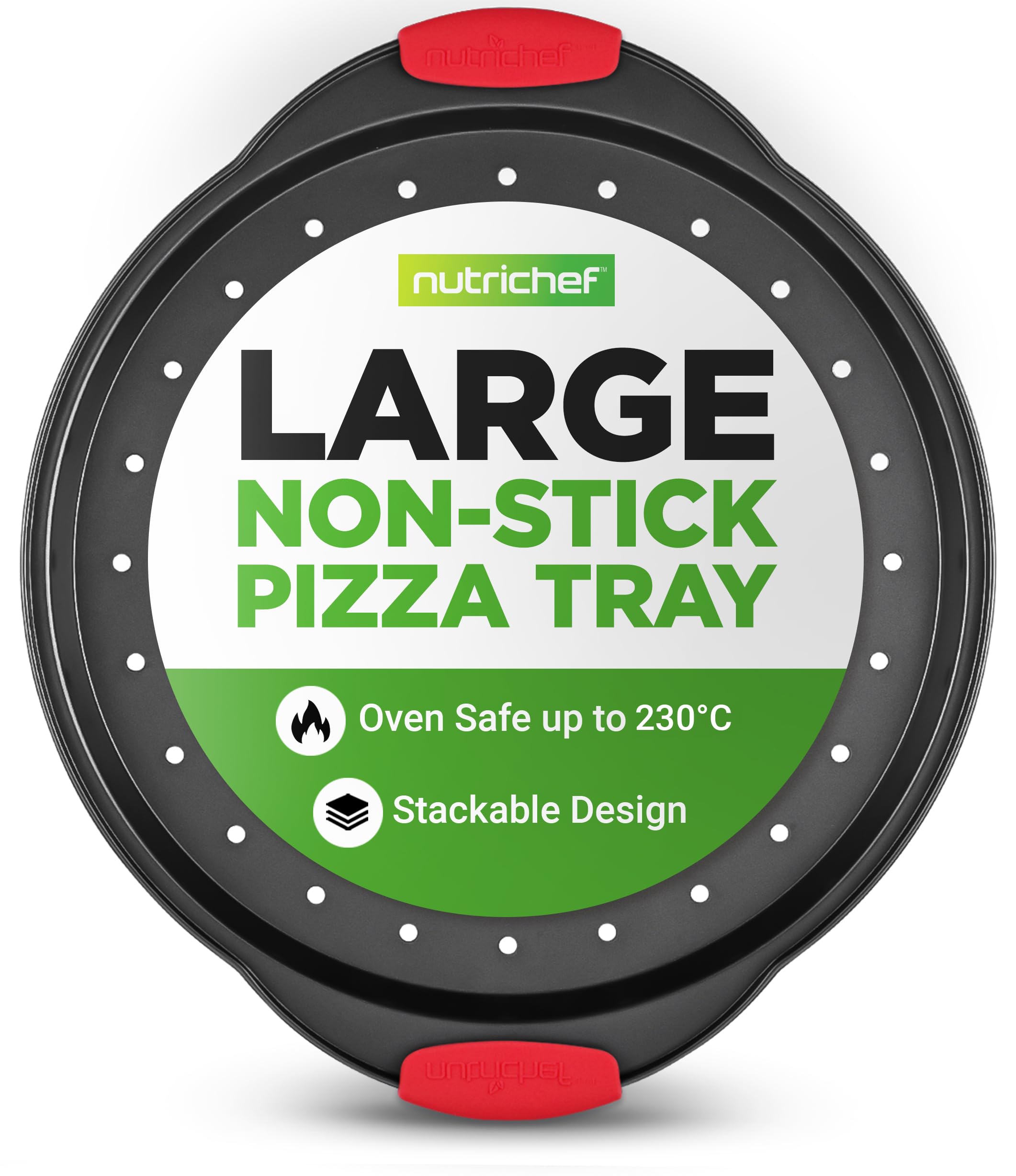 NutriChef Non-Stick Pizza Tray - with Silicone Handle, Round Steel Non-Stick Pan with Perforated Holes, Premium Bakeware, Pizza Tray with Silicone and Oversized Handle, Dishwasher Safe