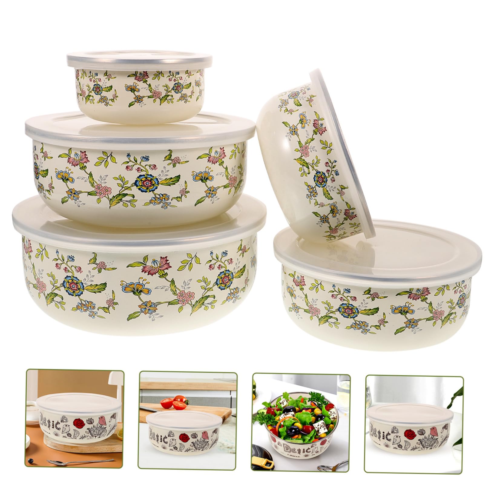 Gatuida Juego de 5 Ensaladeras Esmaltadas con Tapa para Servir y Almacenar, Cuencos Redondos de Plástico para Uso Diario en Cocina, Apilables y Creativos