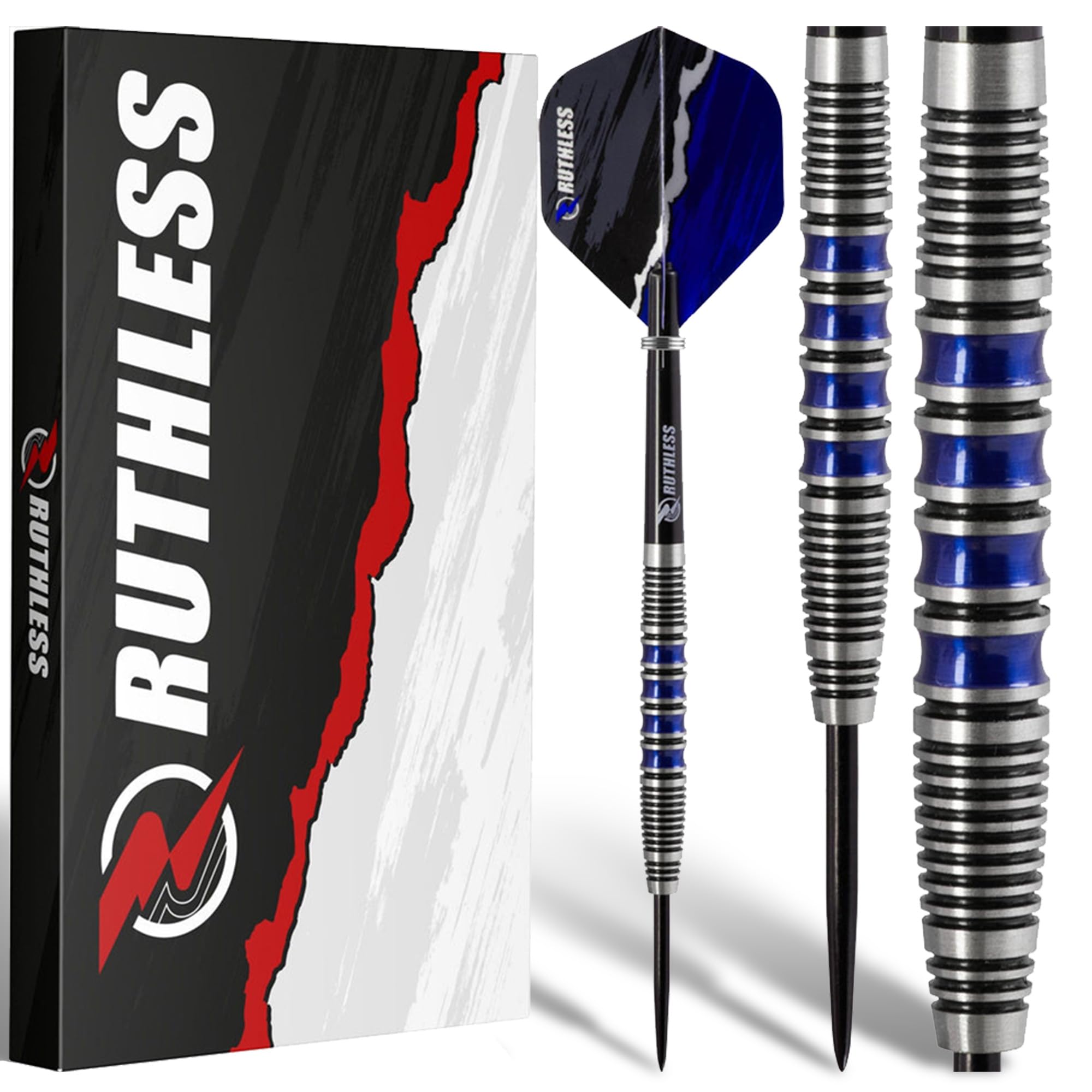 RUTHLESS Blue Falcon Jeu de fléchettes professionnelles en tungstène avec ailettes et tiges 23 g et 25 g