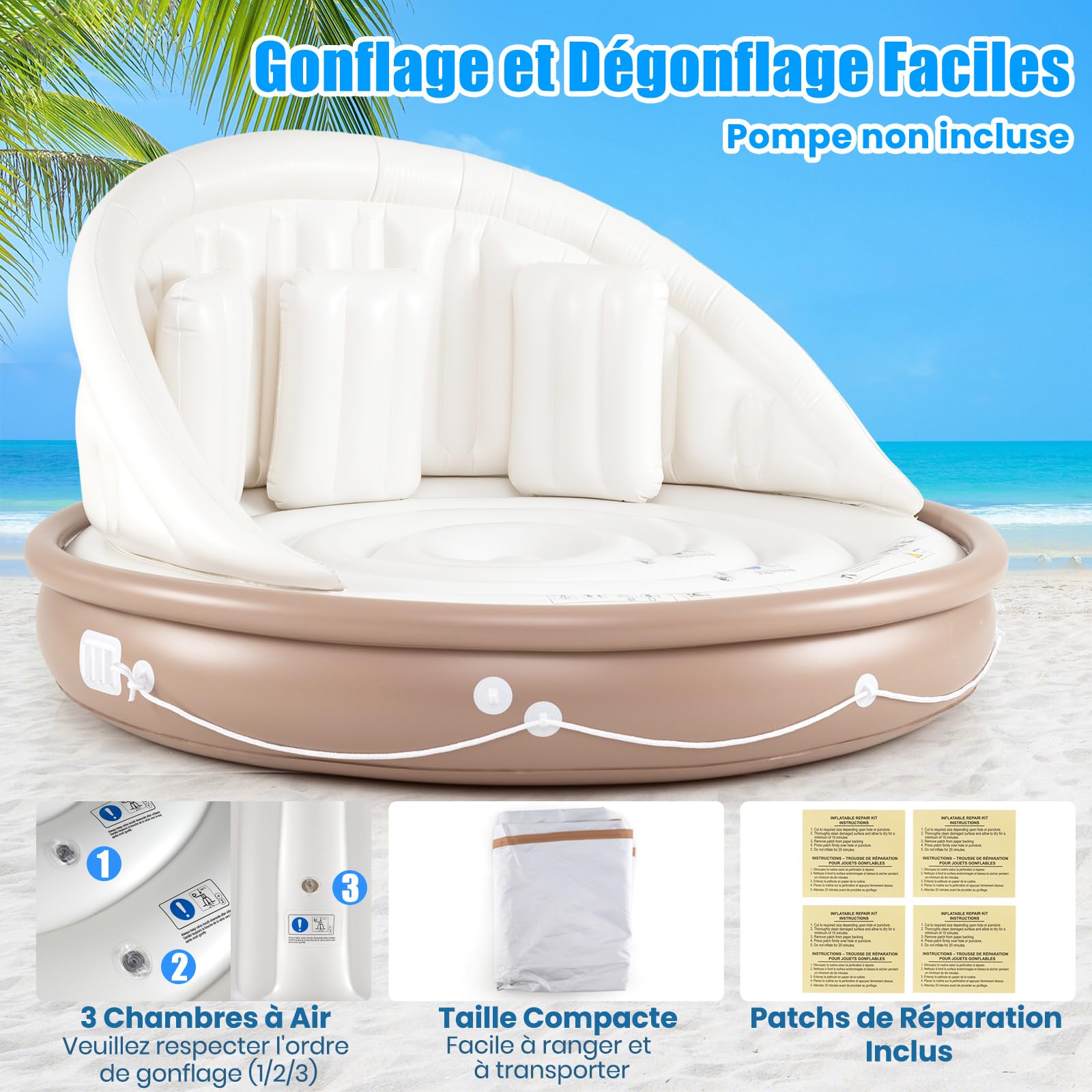 GYMAX Matelas Piscine Gonflable avec Auvent Détachable pour 2-3 Adultes