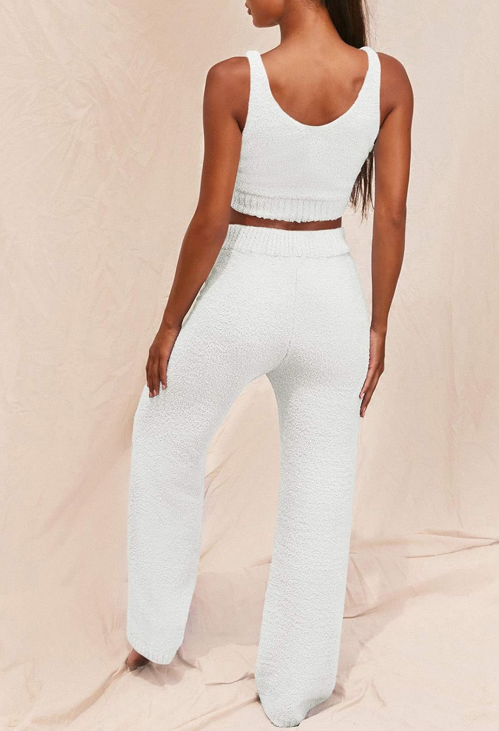 Fixmatti Women's Fuzzy 3 Piece Sweatsuit Open Front Cardigan Crop Tank Tops Wide Legs Pants Lounge Sets Small 1-white Blue