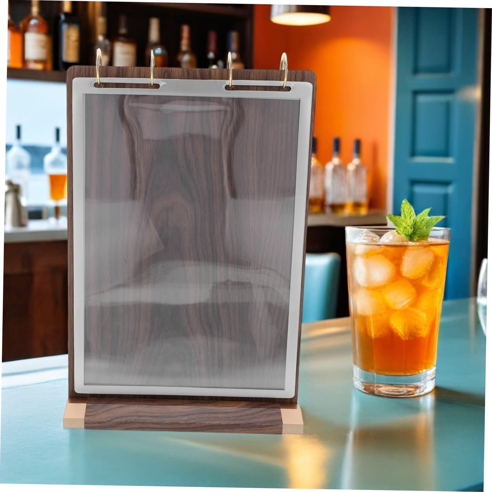 Soporte de Menú Giratorio de Nogal Natural para Mesa Exhibidor de Carteles Doble Cara Páginas Caras Base de Madera Estable para Restaurante y Bar