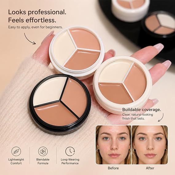 3 Colour Cream Concealer Palette for Dark Circles, Brightening and Blemish Coverage - Blendable Daily Base Makeup with Light, Natural and Peach Tones for an Even-Looking Complexion