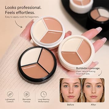 3 Colour Cream Concealer Palette for Dark Circles, Brightening and Blemish Coverage - Blendable Daily Base Makeup with Light, Natural and Peach Tones for an Even-Looking Complexion