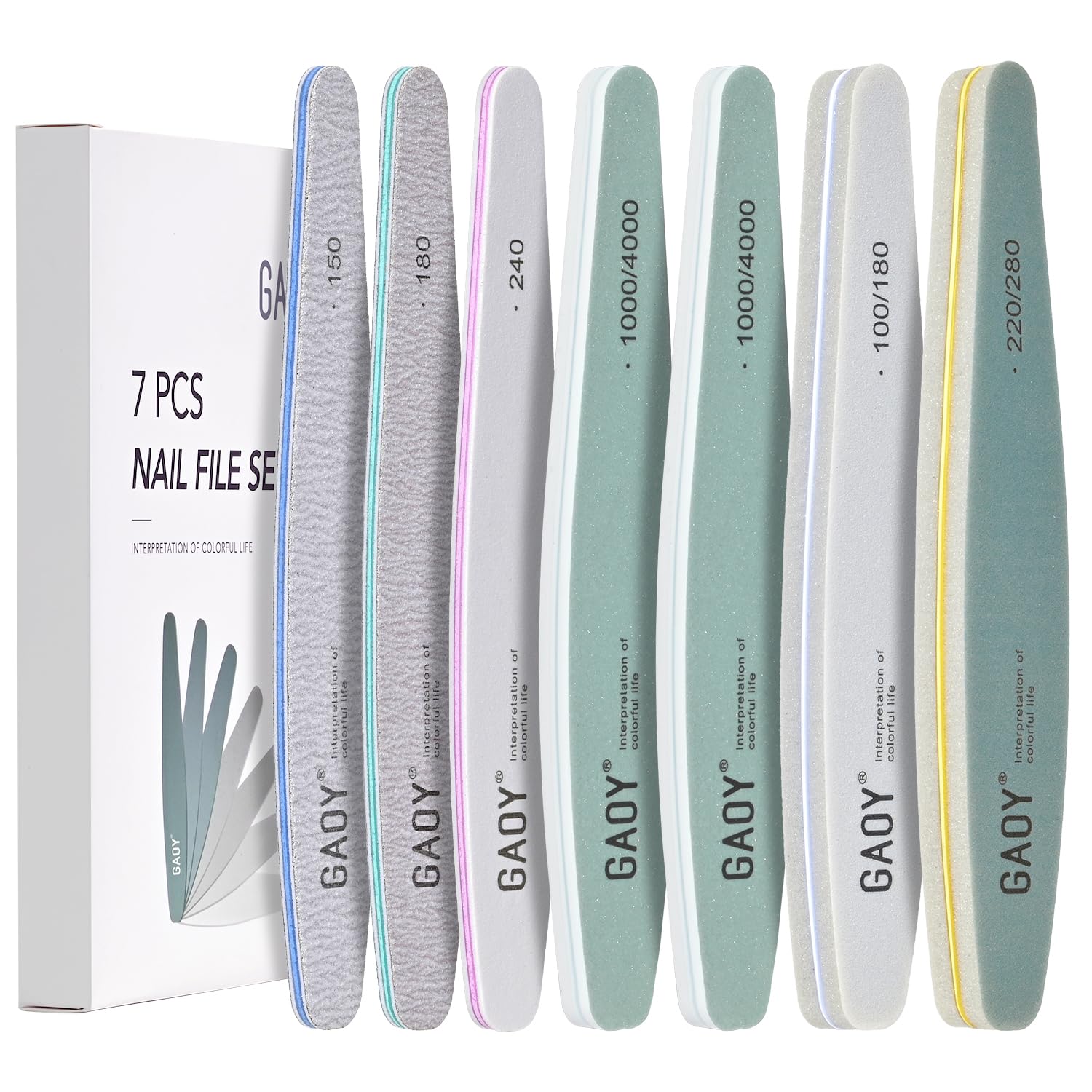 GAOY Nail Files and Buffers, 7 Pcs Nail File Set with Shiner, Emery Boards for Natural Nails Manicure Art Tools and Pedicure Supplies at Home DIY Salon