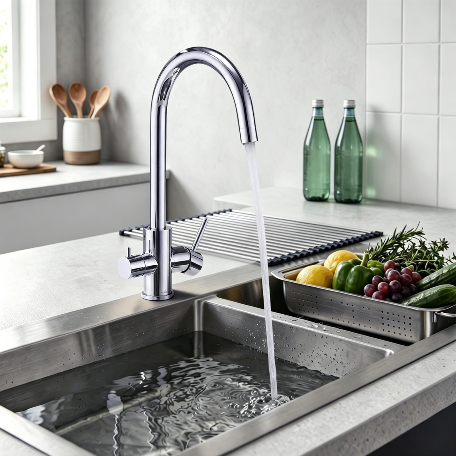 Grifo para Fregadero de Cocina de 3 Vías BuntHaus, Acero Inoxidable Cromado