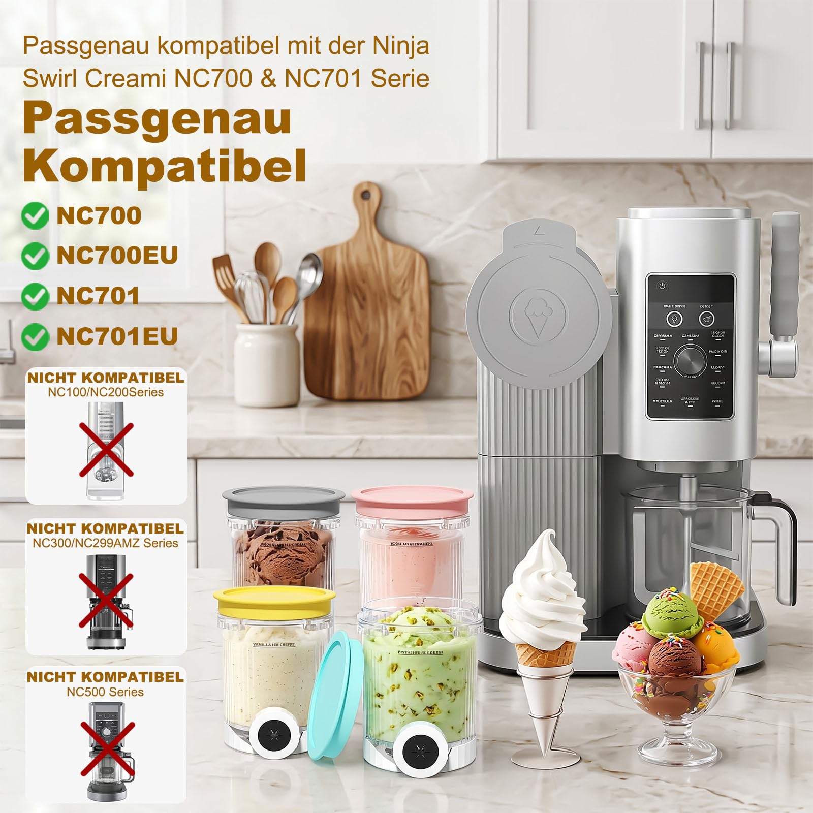 4 Stück Behälter für Ninja CREAMi Swirl, 480ML Eisbehälter für Ninja Eismaschine NC700 & NC701EU Serie, Mit Staubschutzhaube & Rutschfester Griff, BPA-frei & Spülmaschinenfest