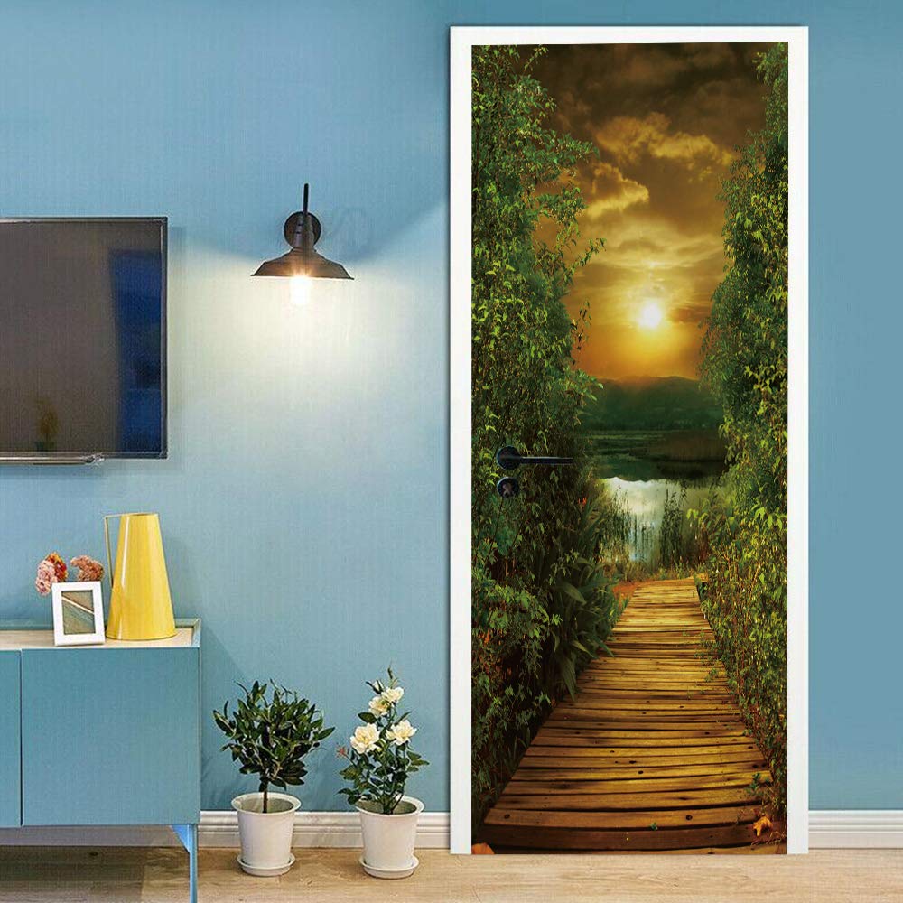 Sticker de porte trompe l'oeil paysage crépuscule amovible escaliers 88x200cm