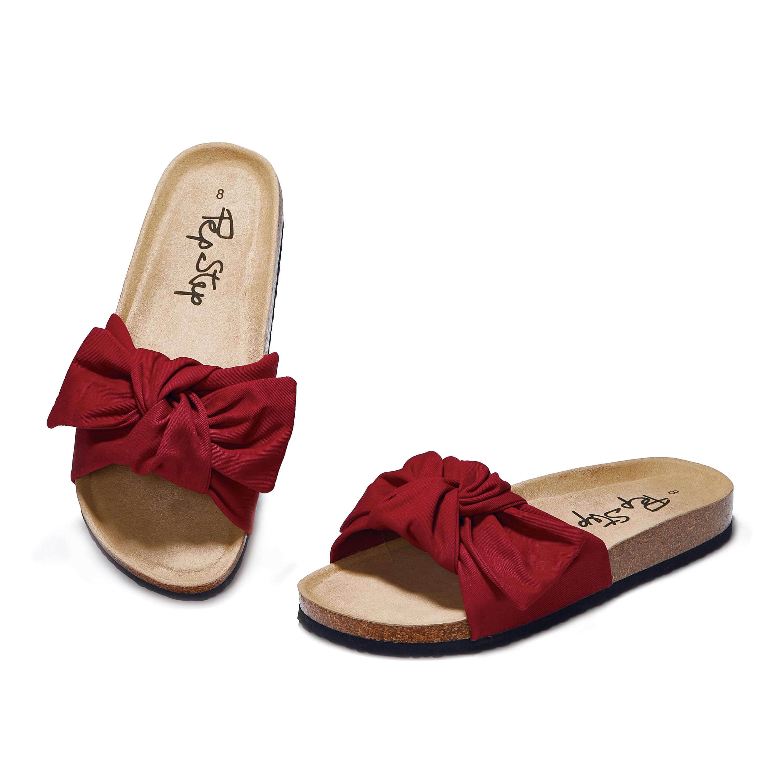 PepStep Slide Sandals for Women or Ladies Dressy Summer Casual, Cute Bow Tie Knot On Top Strap, Comfy Slip On Cork Foot Bed: 10 Ankora Red