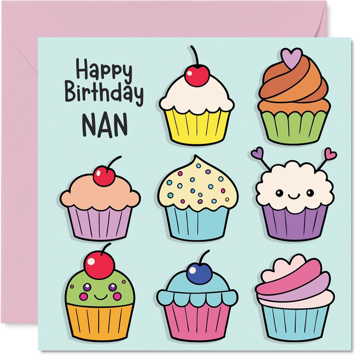 Nan Birthday Card - Cupcakes - Happy Birthday Card for Nan from Grandson Granddaughter, 145mm Fairy Cake Baking Bday Greeting Cards