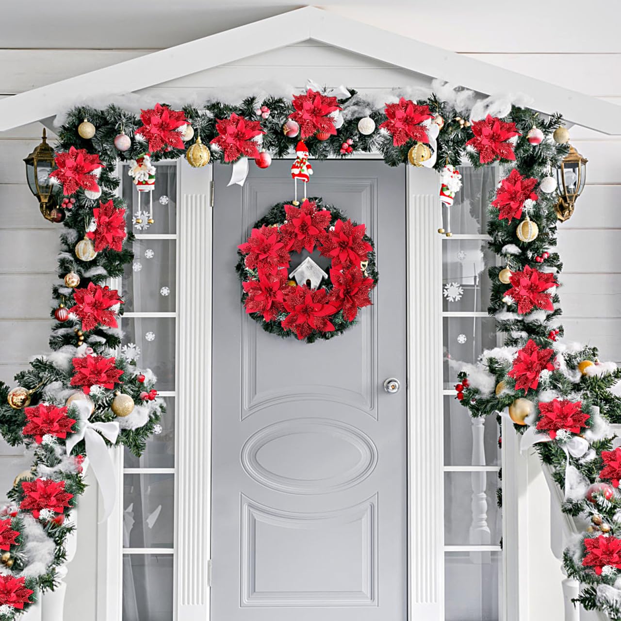 Operitacx Künstliche Weihnachtsblumen, Weihnachtssterne, Künstliche Weihnachtssterne, Weihnachtsdekorationen mit Clips, Kunstblumen-Picks für Weihnachtsbaumdekoration, Weihnachtskranz Und (Rot)
