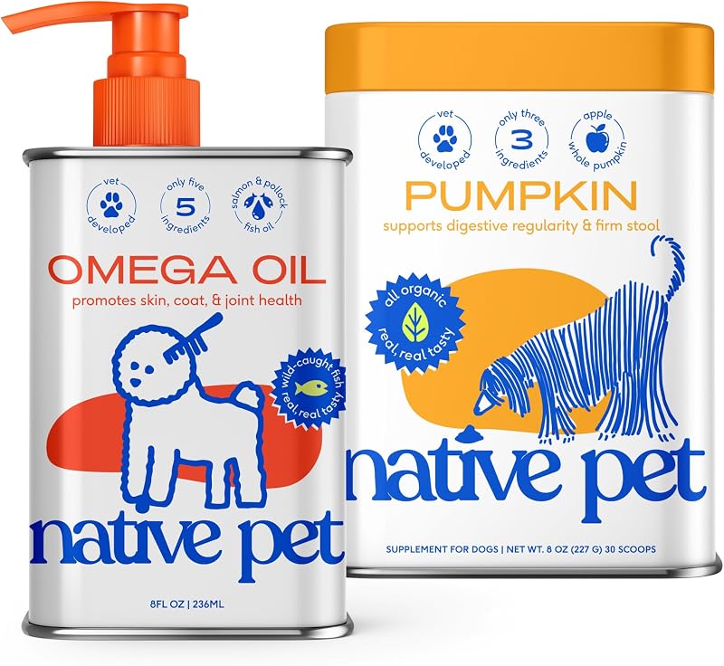 Native Pet Omega Oil for Dogs & Pumpkin for Dogs | Dog Fish Oil Supplements | All-Natural, Organic Fiber | 8 Oz. Omega Oil & Pumpkin Powder