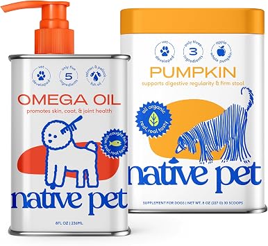 Native Pet Omega Oil for Dogs & Pumpkin for Dogs | Dog Fish Oil Supplements | All-Natural, Organic Fiber | 8 Oz. Omega Oil & Pumpkin Powder