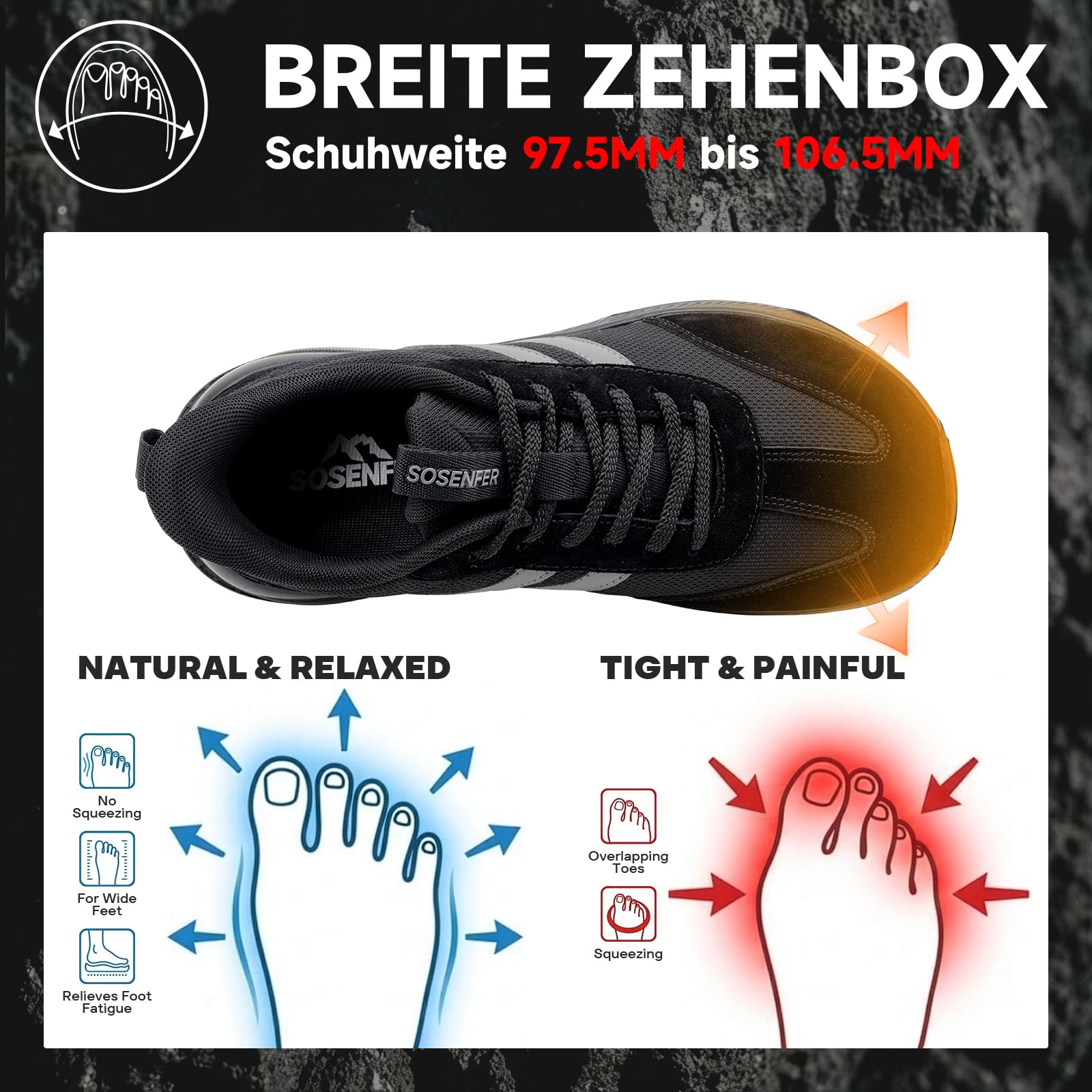 Sosenfer Męskie szerokie buty typu sneaker, szerokie noski, amortyzacja, buty sportowe, oddychające, siateczkowe, lekkie, antypoślizgowe buty do chodzenia dla szerokich stóp