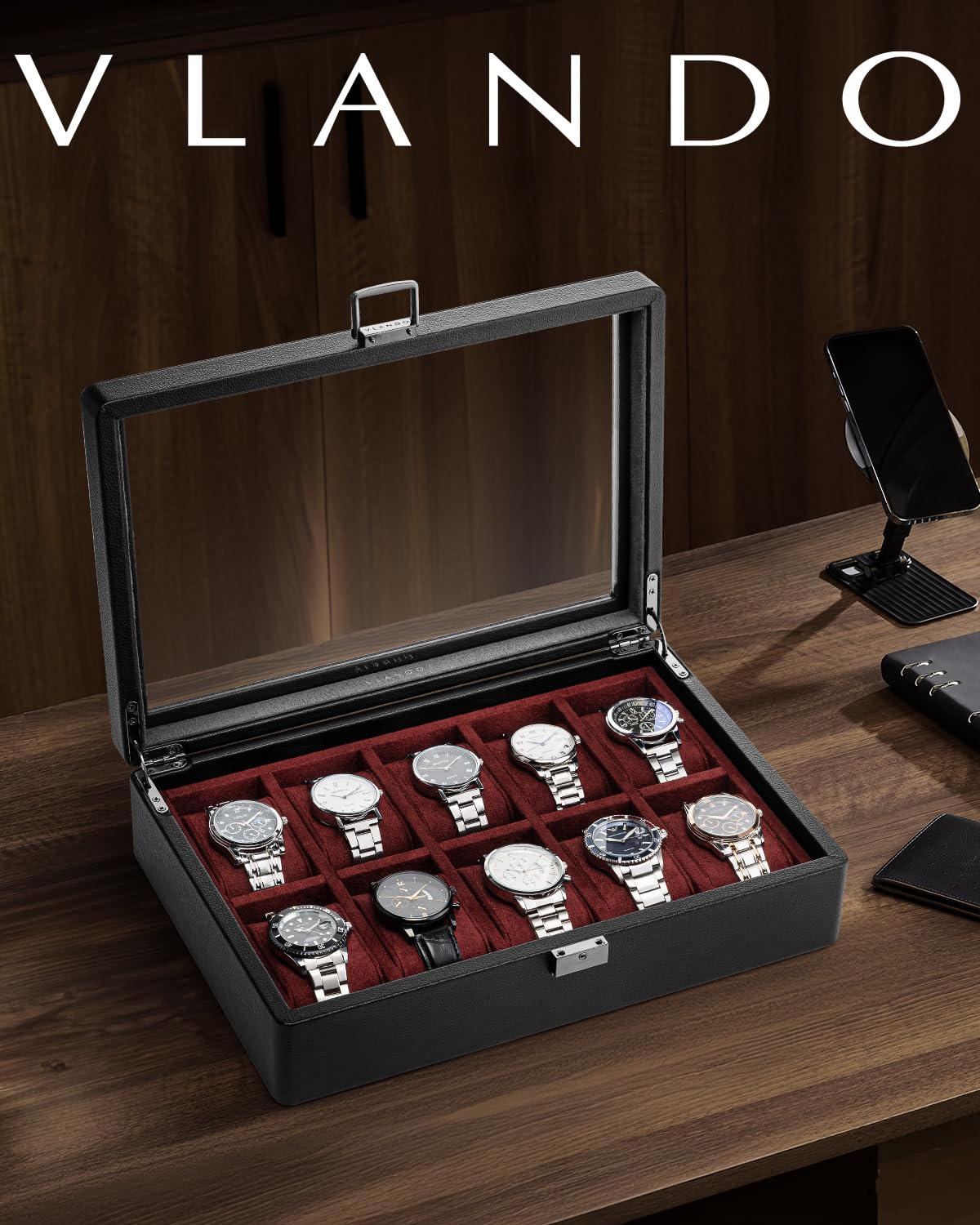 Vlando Caja de reloj de 10 ranuras para hombre, caja de reloj con tapa de cristal grande, bloqueable, cuero texturizado de negocios, almohada suave grande de 52 mm, regalo para padres, marido, amigo,