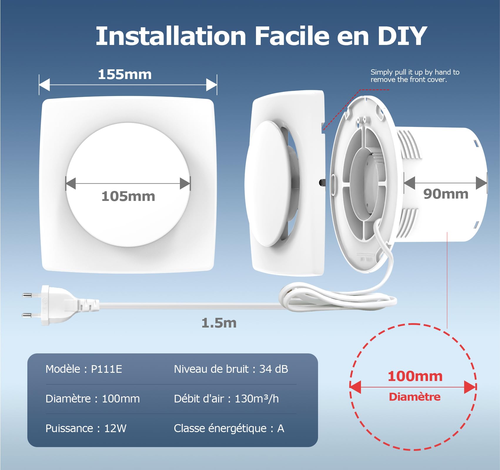 Extracteur d'Air 100mm Silencieux Puissante Ventilation, 130m³/h Ventilateur Amélioré Économe en Énergie, VMC Salle de Bain IPX4 Étanche, Idéal Aerateur dAir pour Salle de Bain, WC, Garage