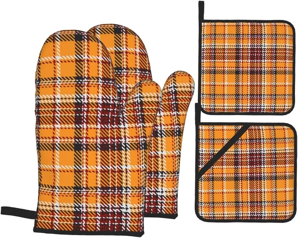 Tartan Pattern Oven Mitts and Pot Holders Gloves BBQ Cooking Baking Grilling Set of 4