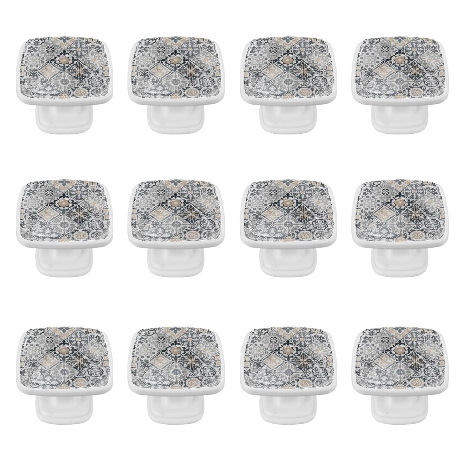 TBOUOBT 12 Stück Schrankknöpfe Kommodenknöpfe Schubladenknöpfe Küchenschrankknöpfe, Knöpfe für Schränke und Schubladen,Retro Patchwork Grau Blumenethnisches