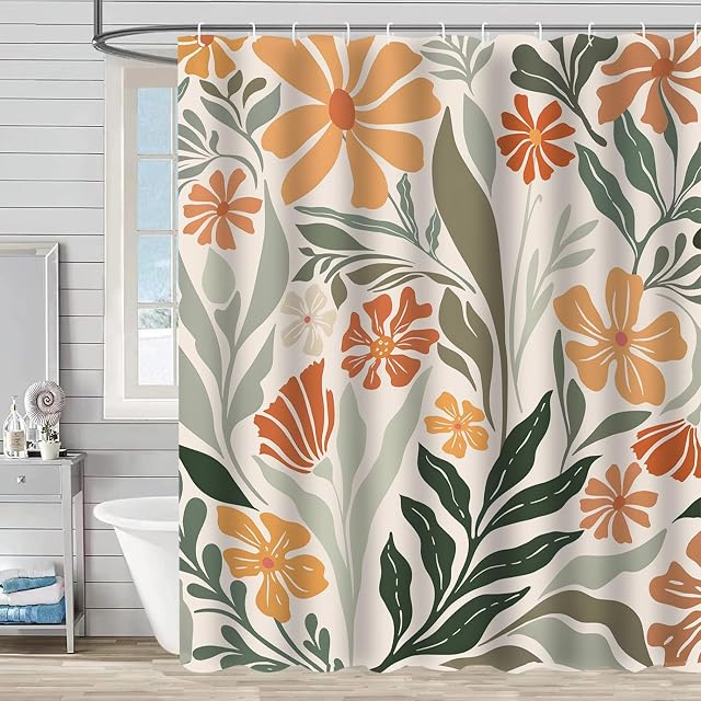 Vintage Abstract Leaves Floral Shower Curtain for Bathroom Set Boho Mid Century 60s 70s 80s Shower Curtain Polyester Fabric Waterproof Retro Botanical Plant Curtain with 12 Hooks 72x72 Inches